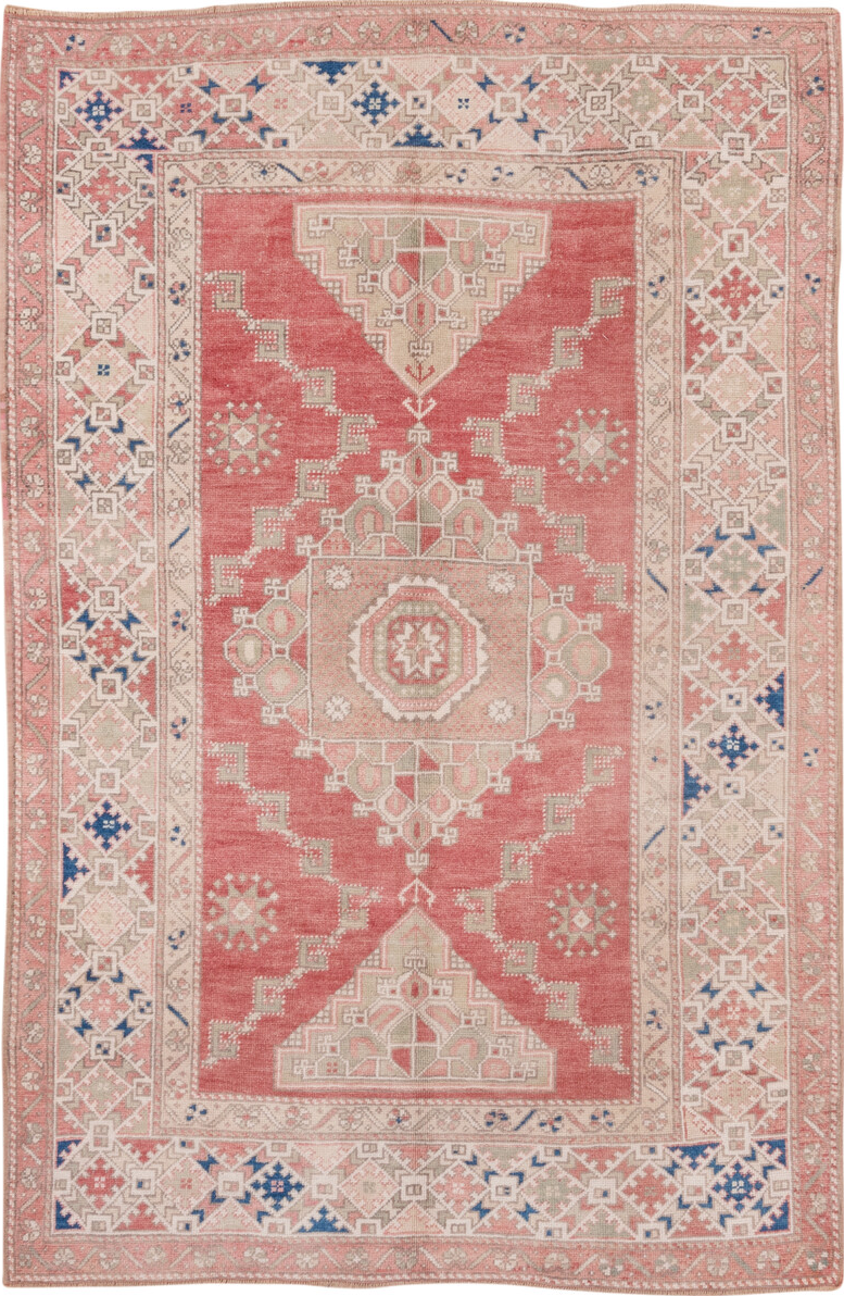5' x 8' one-of-a-kind handmade vintage Oushak medium size rug. Color palette: blue, gray, light gray, off-white, orange