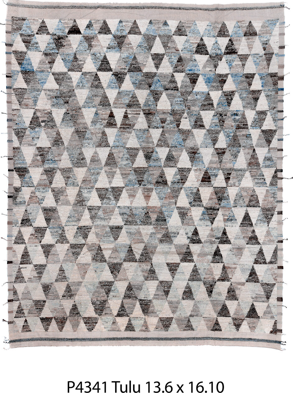 13' x 16' one-of-a-kind handmade vintage Tulu oversize rug. Color palette: black, blue, charcoal, fiord, gainsboro, gray