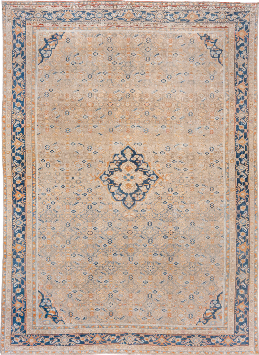 9' x 12' one-of-a-kind handmade vintage Malayer large size rug. Color palette: blue, brown, dark gray, fiord, gray