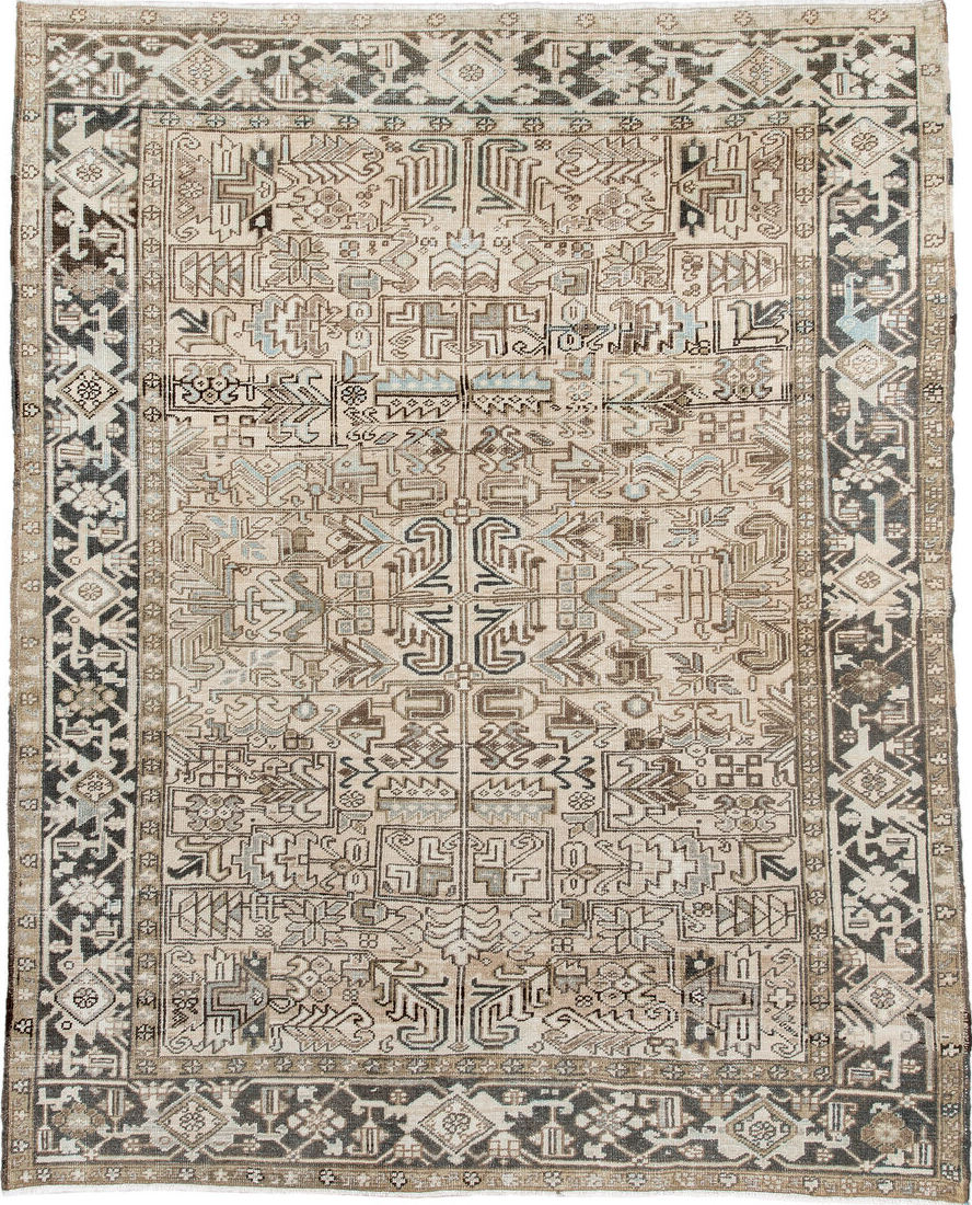 6' x 8' one-of-a-kind handmade vintage Heriz medium size rug. Color palette: antiquewhite, black, brown, gray, light gray