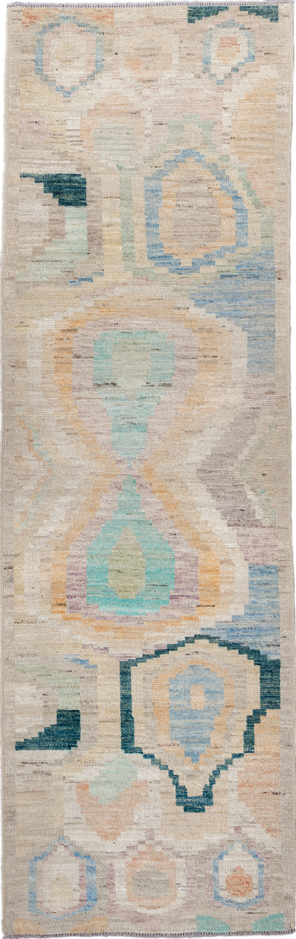 3' x 9' one-of-a-kind handmade vintage Kilim runner rug. Color palette: brown, blue, gray, pink, off-white, light gray