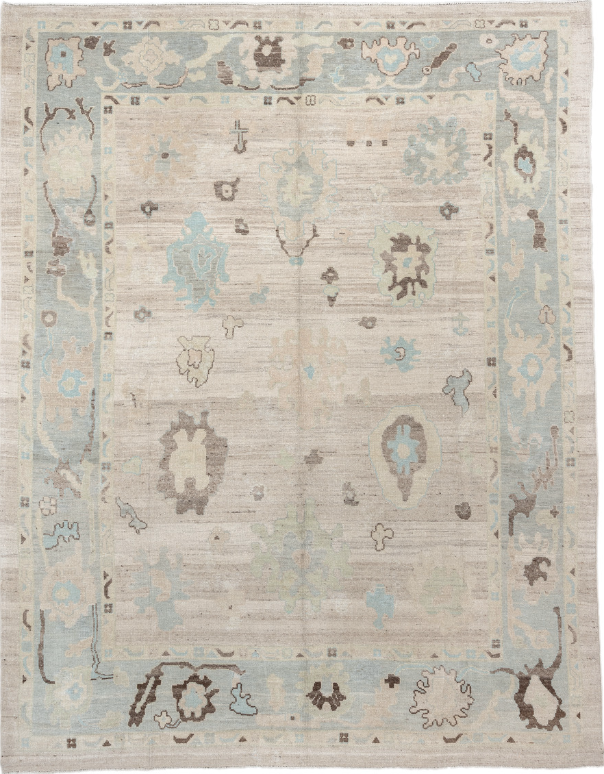 10' x 12' one-of-a-kind handmade vintage Oushak large size rug. Color palette: gray, light gray, off-white, pink, dark gray