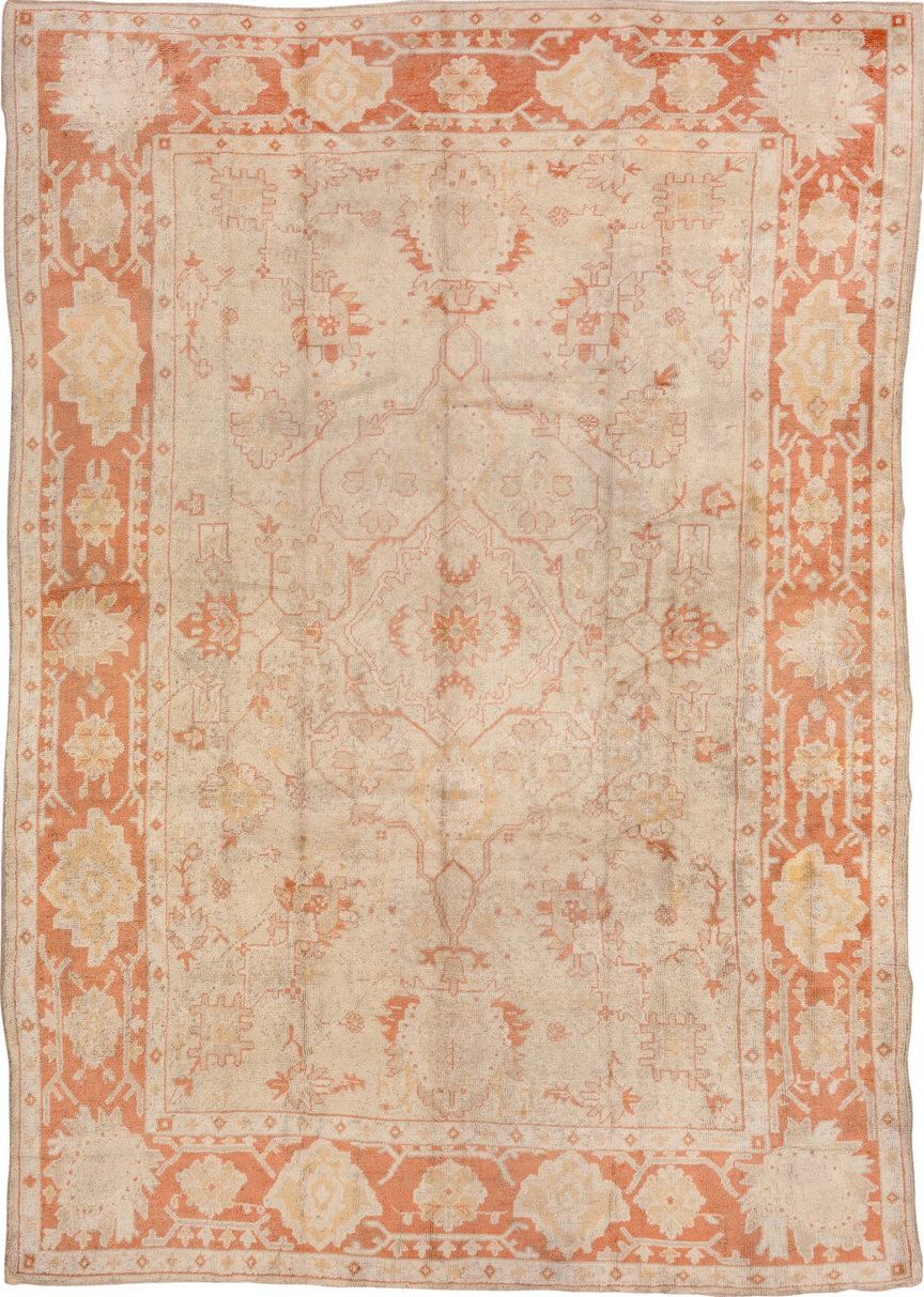 9' x 13' one-of-a-kind handmade vintage Oushak large size rug. Color palette: brown, gray, off-white, orange, pink, snow