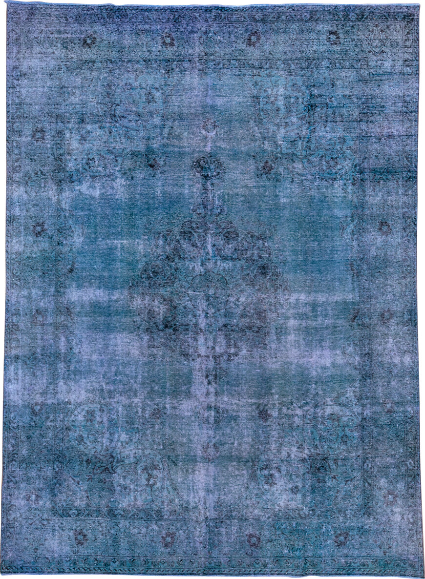 9' x 12' one-of-a-kind handmade vintage Overdyed large size rug. Color palette: blue, gray, light blue, light steel blue