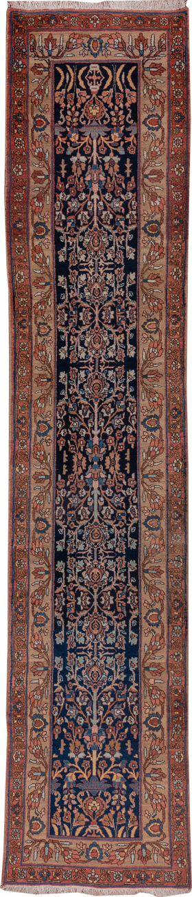 3' x 14' one-of-a-kind handmade vintage Bidjar runner rug. Color palette: blue, brown, gray, pink, redwood