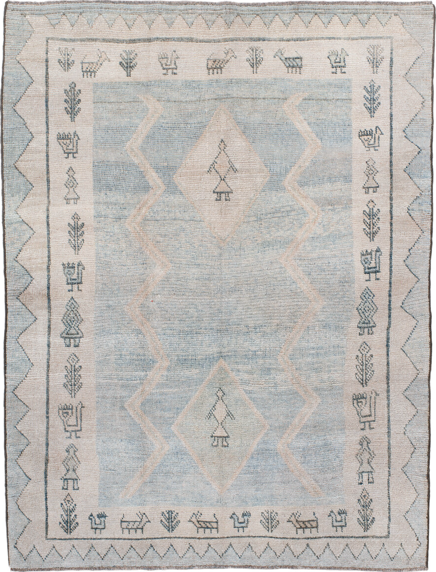 4' x 6' one-of-a-kind handmade vintage Gabbe small size rug. Color palette: blue, brown, dark gray, dim gray, gainsboro