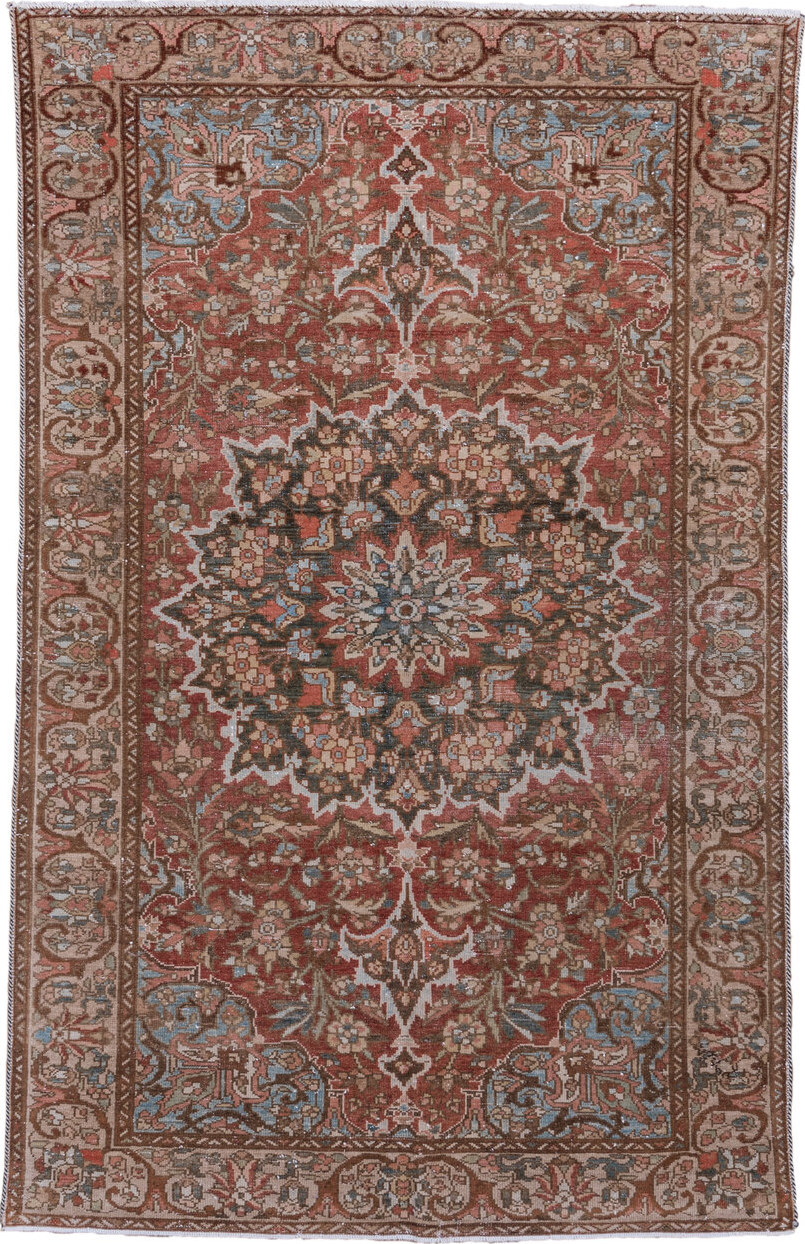 4' x 6' one-of-a-kind handmade vintage Baktiary small size rug. Color palette: brown, dark gray, ghost white, gray