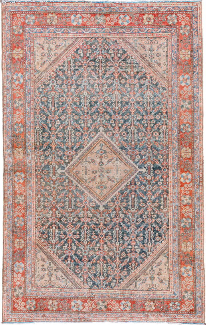 4' x 6' one-of-a-kind handmade vintage Mahal small size rug. Color palette: brown, dim gray, gray, light gray, off-white