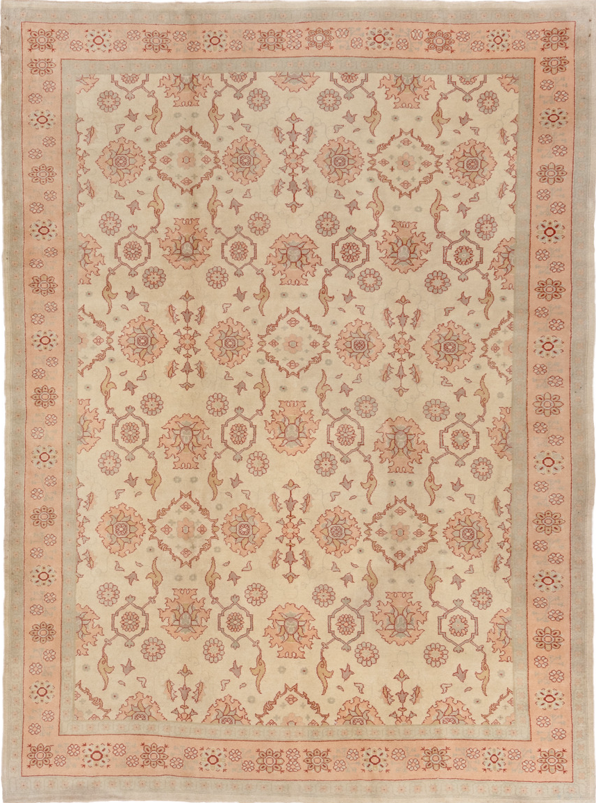 7' x 10' one-of-a-kind handmade vintage Oushak large size rug. Color palette: brown, off-white, orange