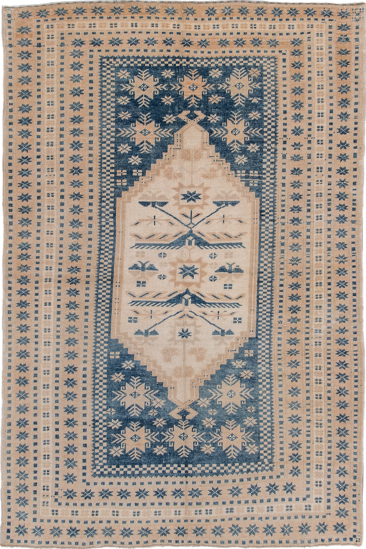 3' x 5' one-of-a-kind handmade vintage Oushak small size rug. Color palette: blue, brown, dim gray, gray, light blue
