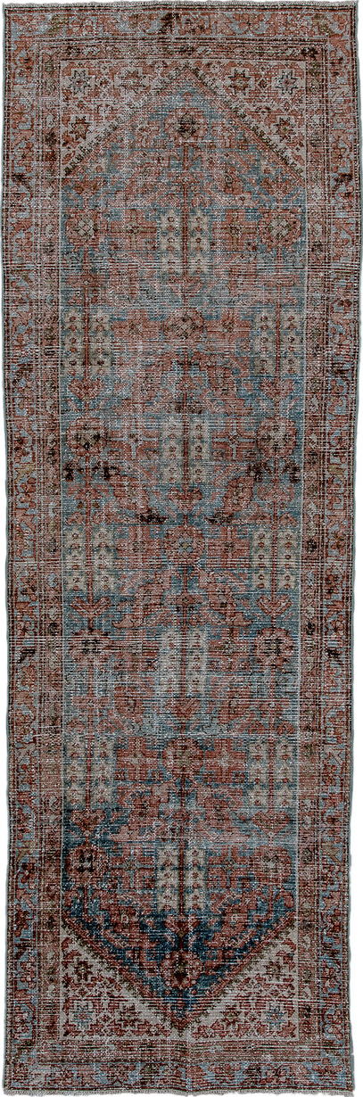 3' x 9' one-of-a-kind handmade vintage Malayer runner rug. Color palette: black, blue, brown, dark gray, dim gray, gray