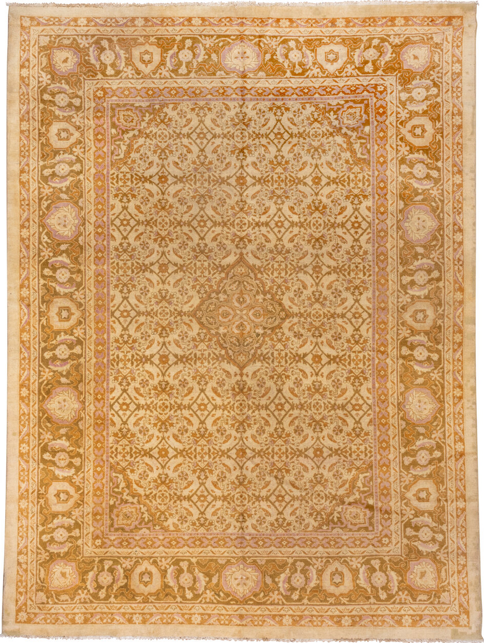 10' x 13' one-of-a-kind handmade vintage Agra large size rug. Color palette: brown, burlywood, off-white, orange, peach puff