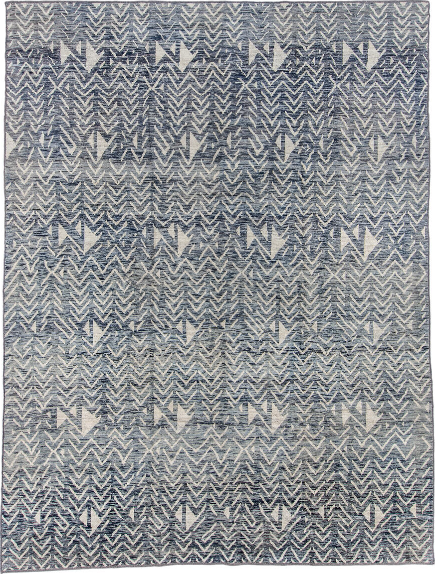 9' x 12' one-of-a-kind handmade vintage Tulu large size rug. Color palette: black, blue, dark gray, dim gray, fiord