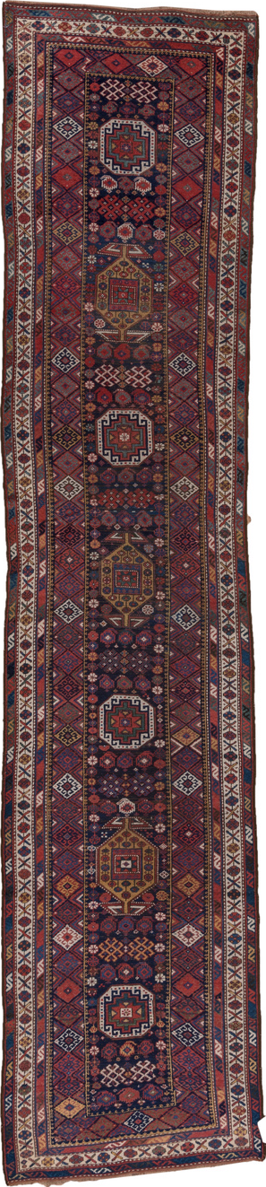 3' x 15' one-of-a-kind handmade vintage Kurd runner rug. Color palette: black, blue, brown, charcoal, dim gray, gray