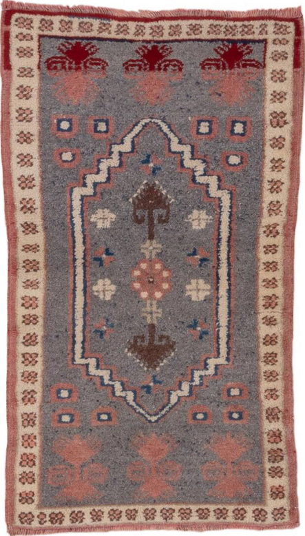 2' x 3' one-of-a-kind handmade vintage Oushak small size rug. Color palette: blue, brown, gray, light gray, pink, red