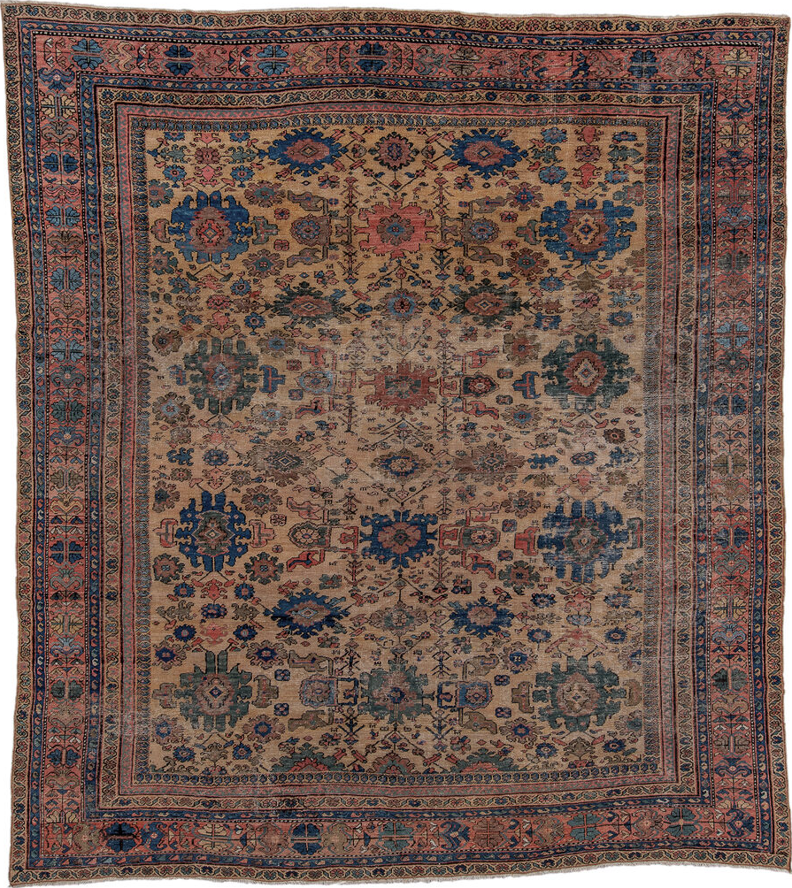 10' x 11' one-of-a-kind handmade vintage Mahal large size rug. Color palette: blue, gray, light gray, off-white, black, pink