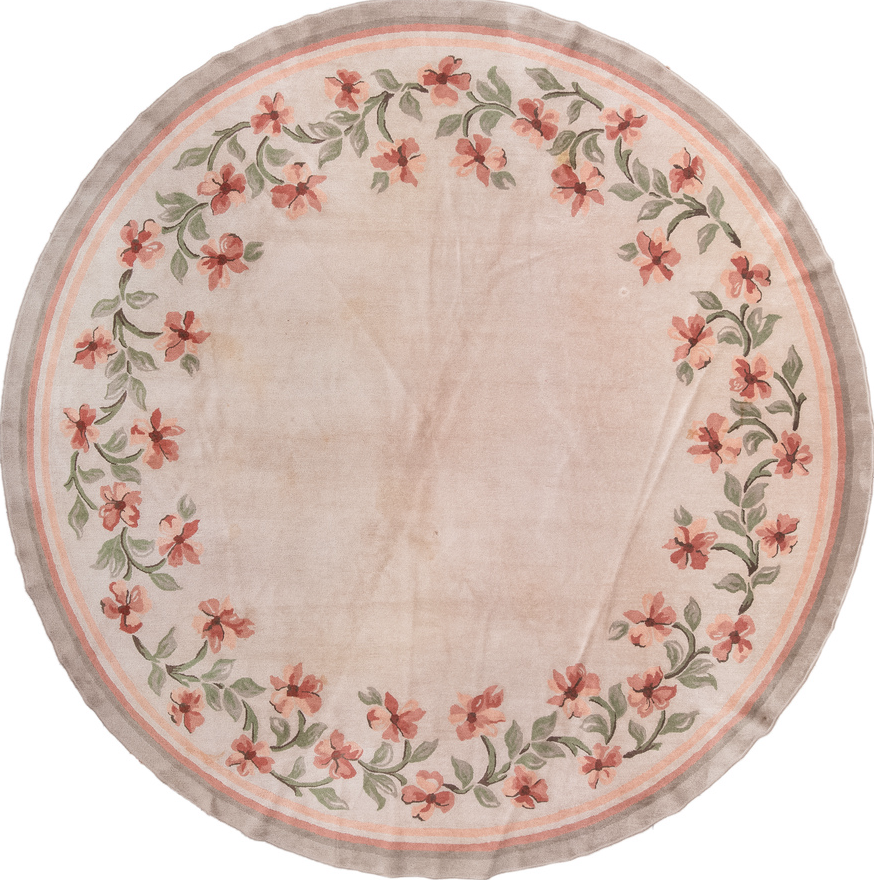 10' x 10' one-of-a-kind handmade vintage European large size rug. Color palette: brown, gray, light gray, off-white, orange