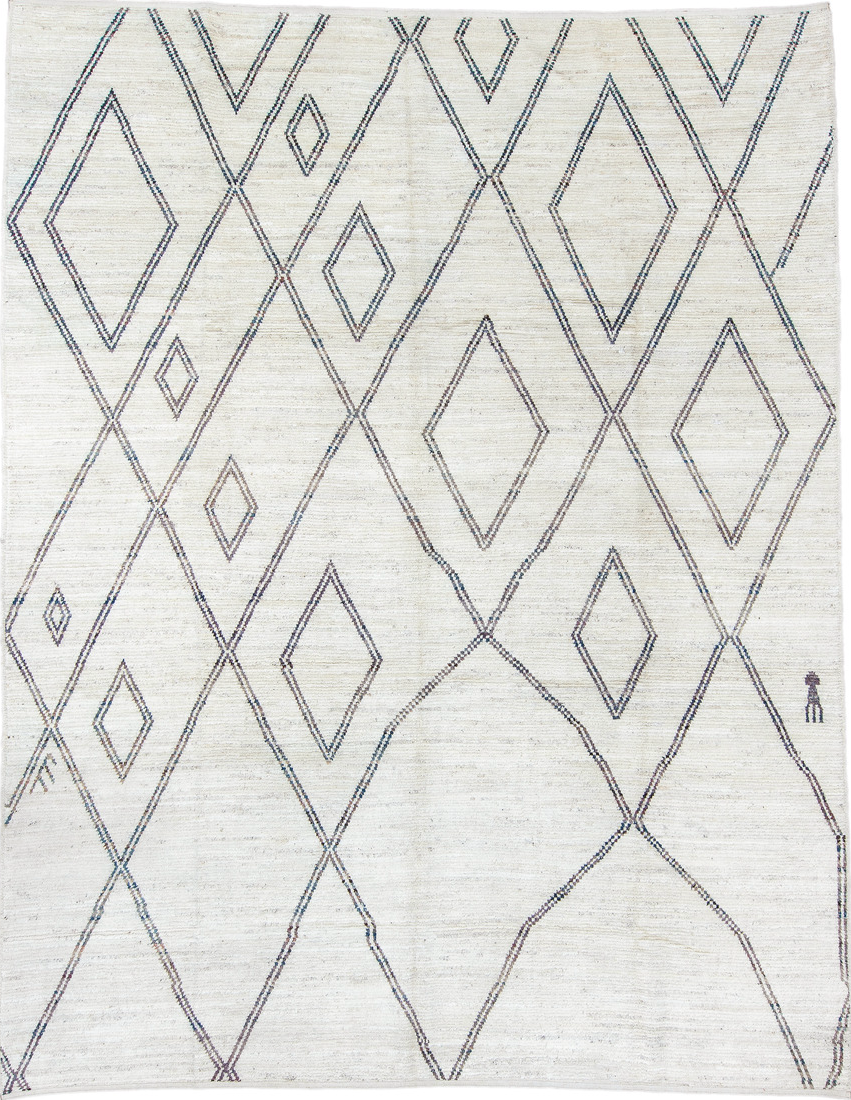 11' x 9' one-of-a-kind handmade vintage Tulu rug. Color palette: black, blue, dark gray, gainsboro, gray, light gray