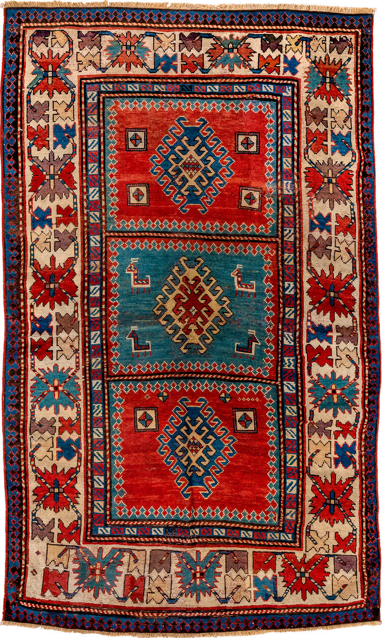 4' x 7' one-of-a-kind handmade vintage Kazak rug. Color palette: arapawa, black, blue, brown, dark red, fiord, gray