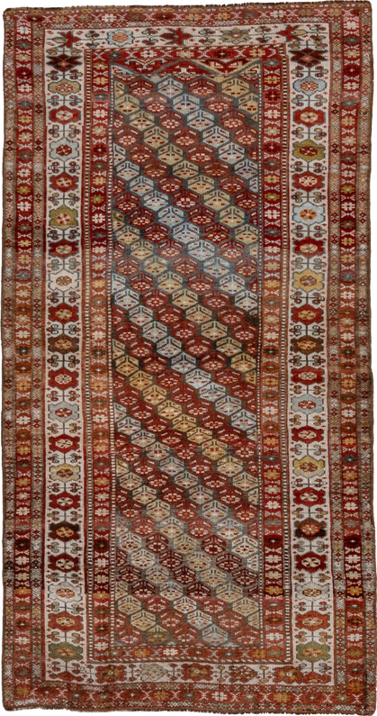 3' x 7' one-of-a-kind handmade vintage Kurd rug. Color palette: brown, gray, light gray, pink
