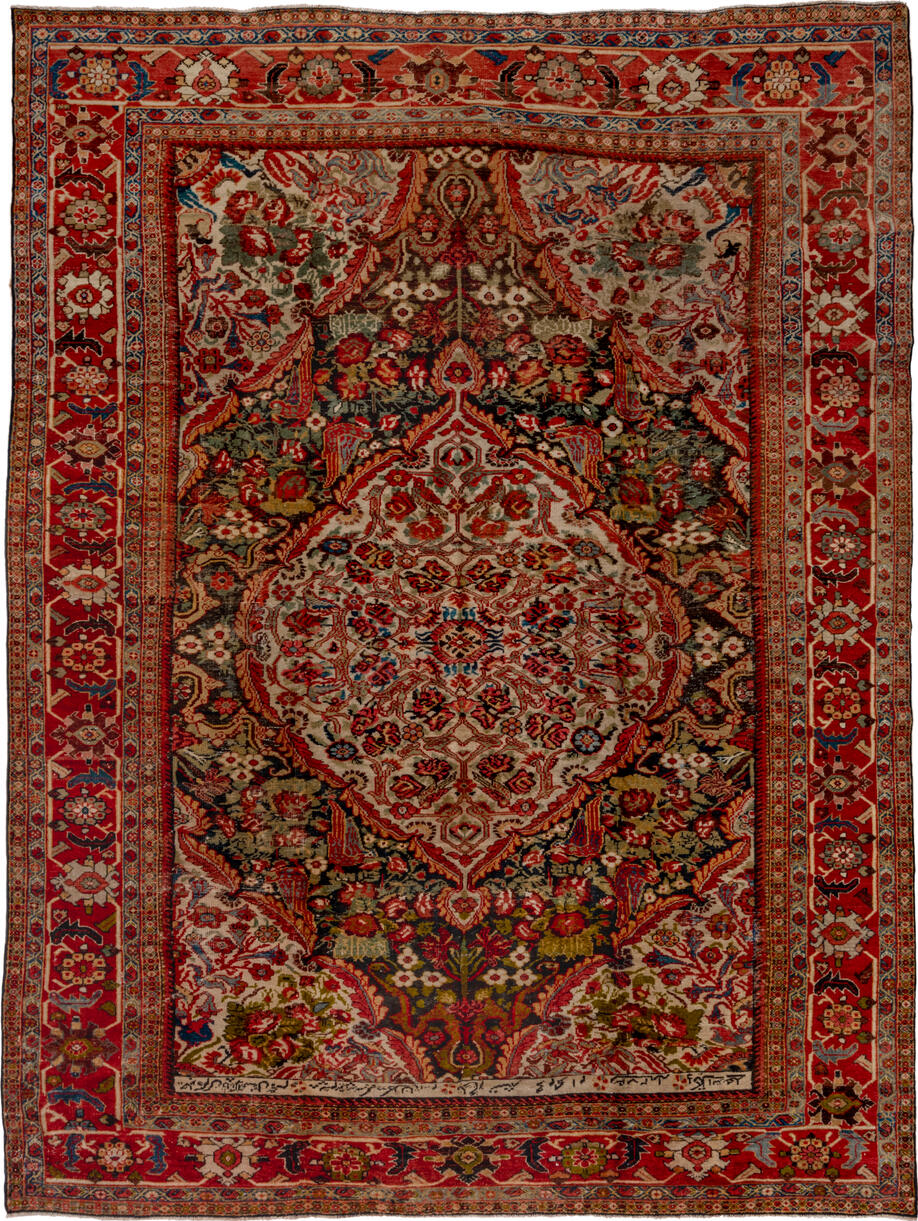10' x 13' one-of-a-kind handmade vintage Sultanabad large size rug. Color palette: brown, red, gray, blue, black, redwood