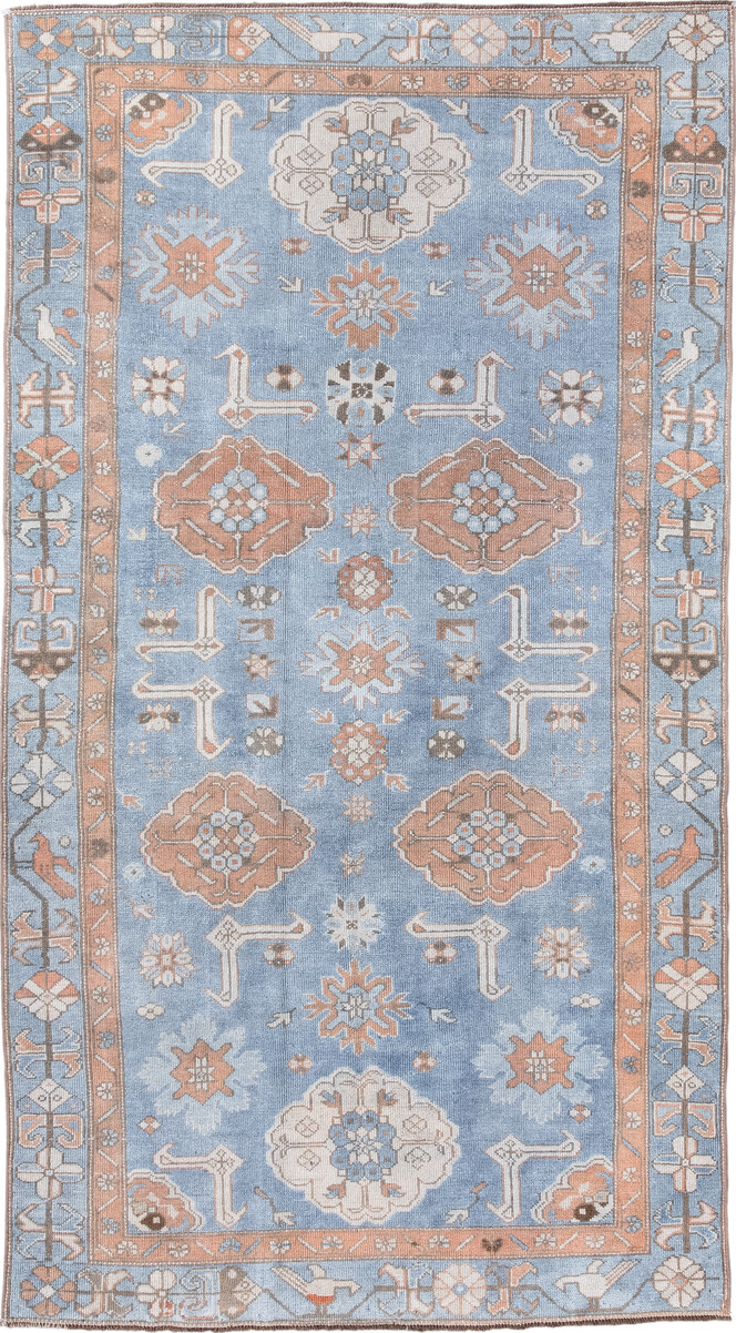 3' x 6' one-of-a-kind handmade vintage Oushak small size rug. Color palette: brown, dark gray, gainsboro, gray, light blue