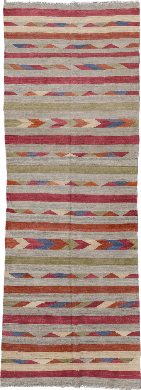 3' x 9' one-of-a-kind handmade vintage Kilim runner rug. Color palette: blue, brown, gray, light gray, off-white, pink, red