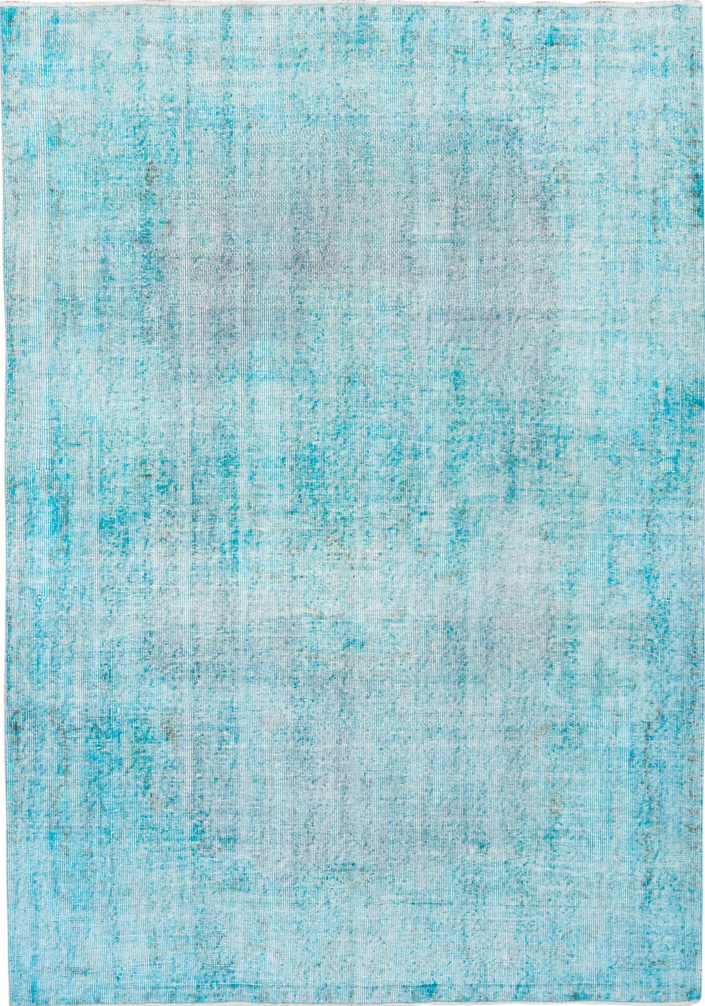 6' x 8' one-of-a-kind handmade vintage Overdyed medium size rug. Color palette: blue, gray, green, light blue, light gray
