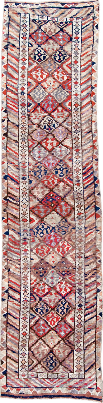 2' x 10' one-of-a-kind handmade vintage Oushak runner rug. Color palette: blue, brown, gray, indian red, light gray