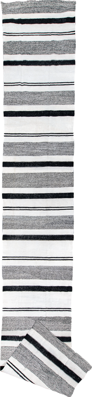 4' x 25' one-of-a-kind handmade vintage Kilim runner rug. Color palette: black, blue, charcoal, dark gray, dim gray, gray