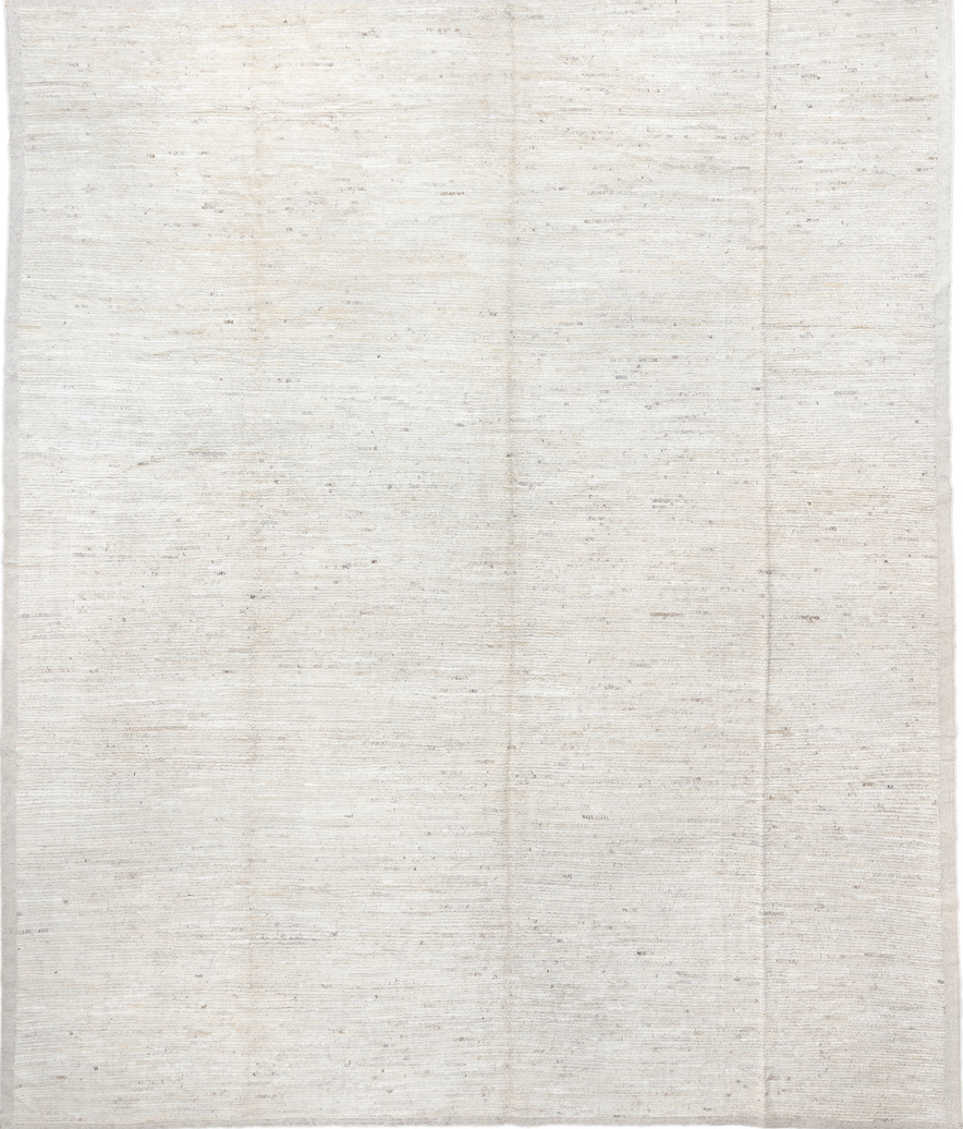 12' x 15' one-of-a-kind handmade vintage Tulu oversize rug. Color palette: floral white, gainsboro, gray, light gray, linen