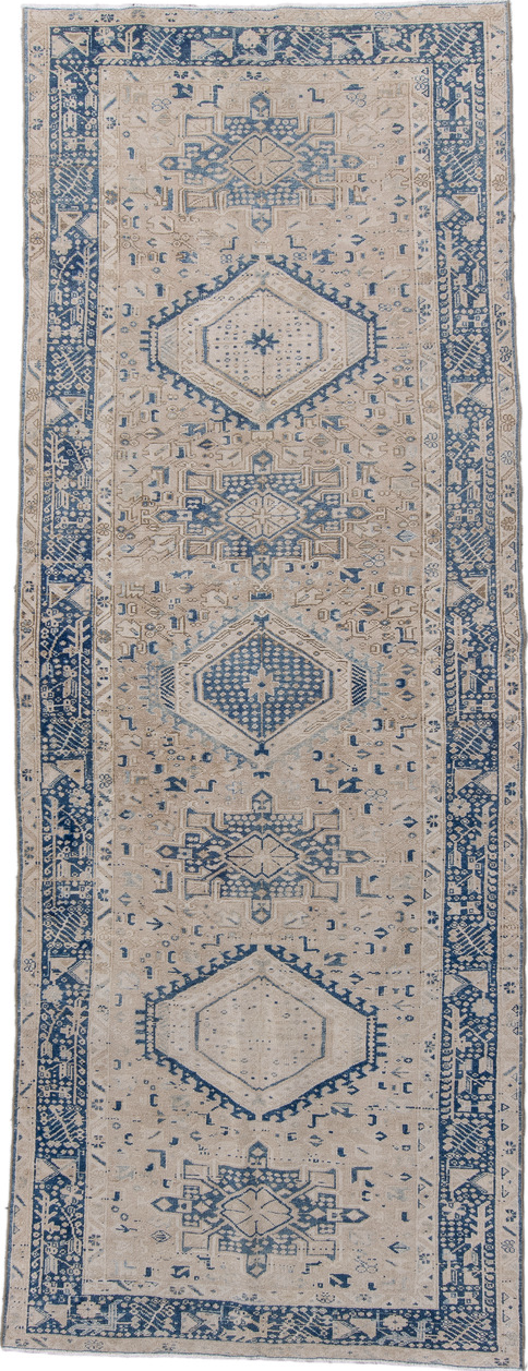 4' x 12' one-of-a-kind handmade vintage Karaje runner rug. Color palette: blue, dark gray, fiord, gray, light gray