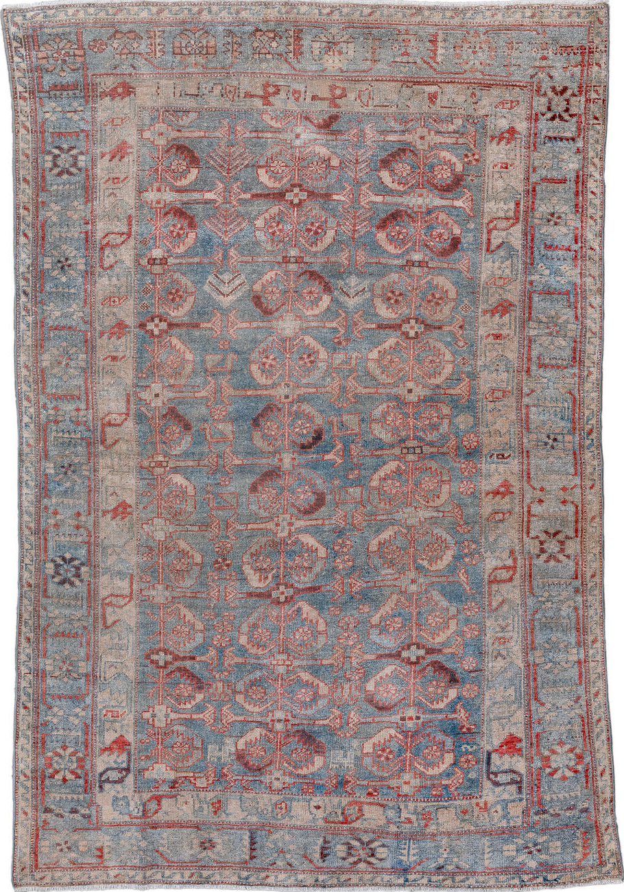 4' x 6' one-of-a-kind handmade vintage Malayer small size rug. Color palette: blue, brown, dark gray, dim gray, gray