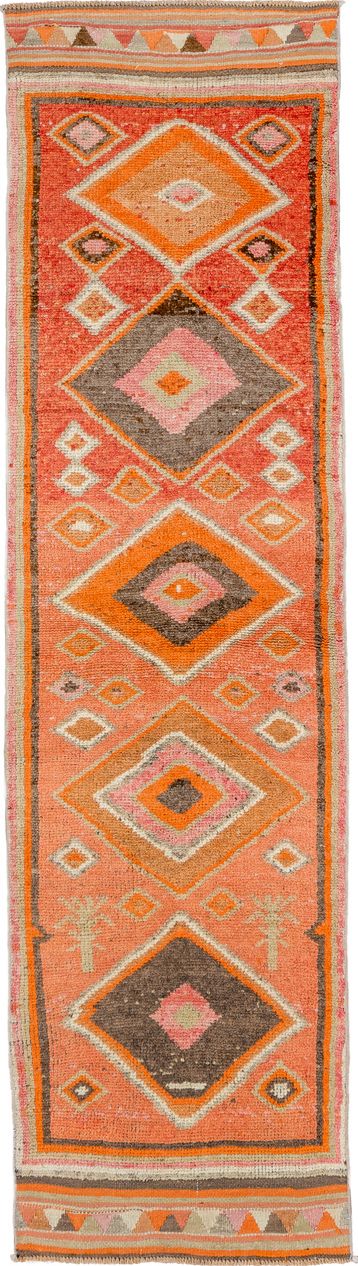 2' x 10' one-of-a-kind handmade vintage Oushak runner rug. Color palette: brown, light gray, off-white, orange, pink, red