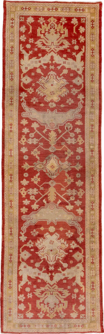 3' x 11' one-of-a-kind handmade vintage Oushak runner rug. Color palette: brown, dark red, maroon, off-white, orange, pink