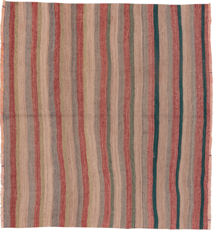 5' x 5' one-of-a-kind handmade vintage Kilim rug. Color palette: blue, brown, gray, orange, pink, red