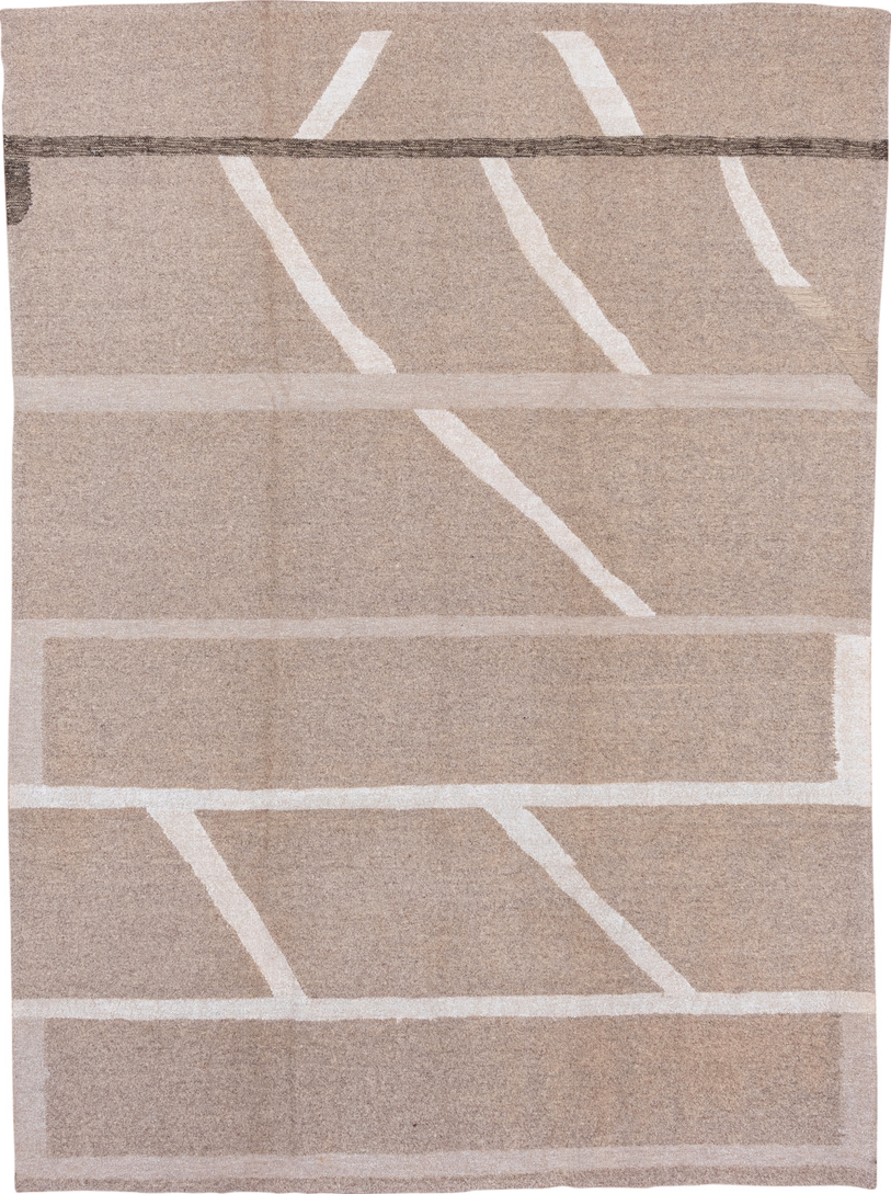 7' x 9' one-of-a-kind handmade vintage Kilim rug. Color palette: gainsboro, gray, light gray, off-white, pink, snow, white