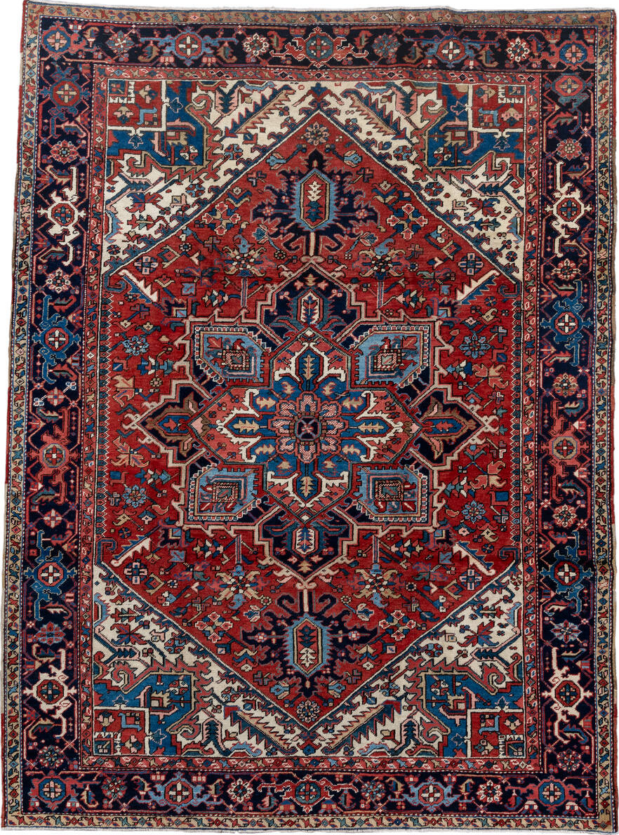 7' x 10' one-of-a-kind handmade vintage Heriz large size rug. Color palette: blue, brown, dim gray, fiord, gray, light gray
