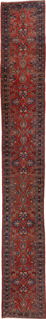 2' x 19' one-of-a-kind handmade vintage Lilian runner rug. Color palette: blue, brown, gray, off-white, pink, red, redwood