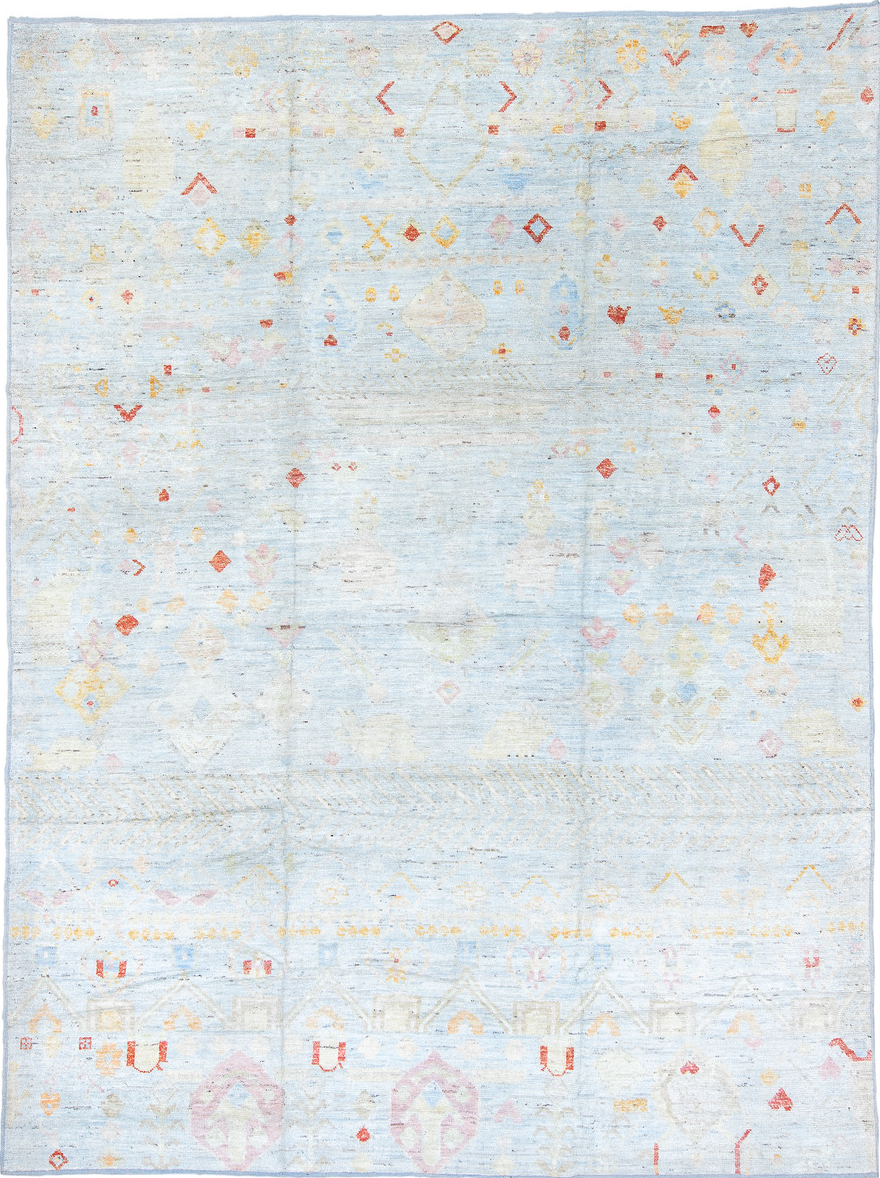 10' x 13' one-of-a-kind handmade vintage Tulu large size rug. Color palette: black, blue, brown, dark gray, gray, light blue