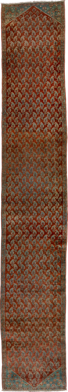 2' x 14' one-of-a-kind handmade vintage Malayer runner rug. Color palette: brown, gray, off-white, snow, white, whitesmoke
