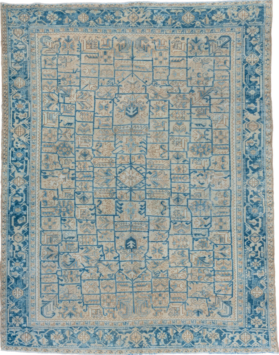 8' x 10' one-of-a-kind handmade vintage Heriz large size rug. Color palette: arapawa, blue, gray, light gray, off-white