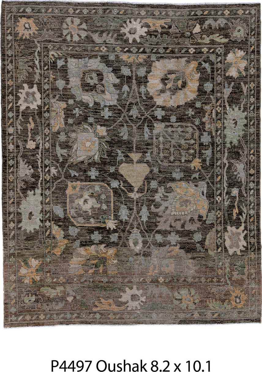 8' x 10' one-of-a-kind handmade vintage Oushak large size rug. Color palette: black, brown, dim gray, gainsboro, gray
