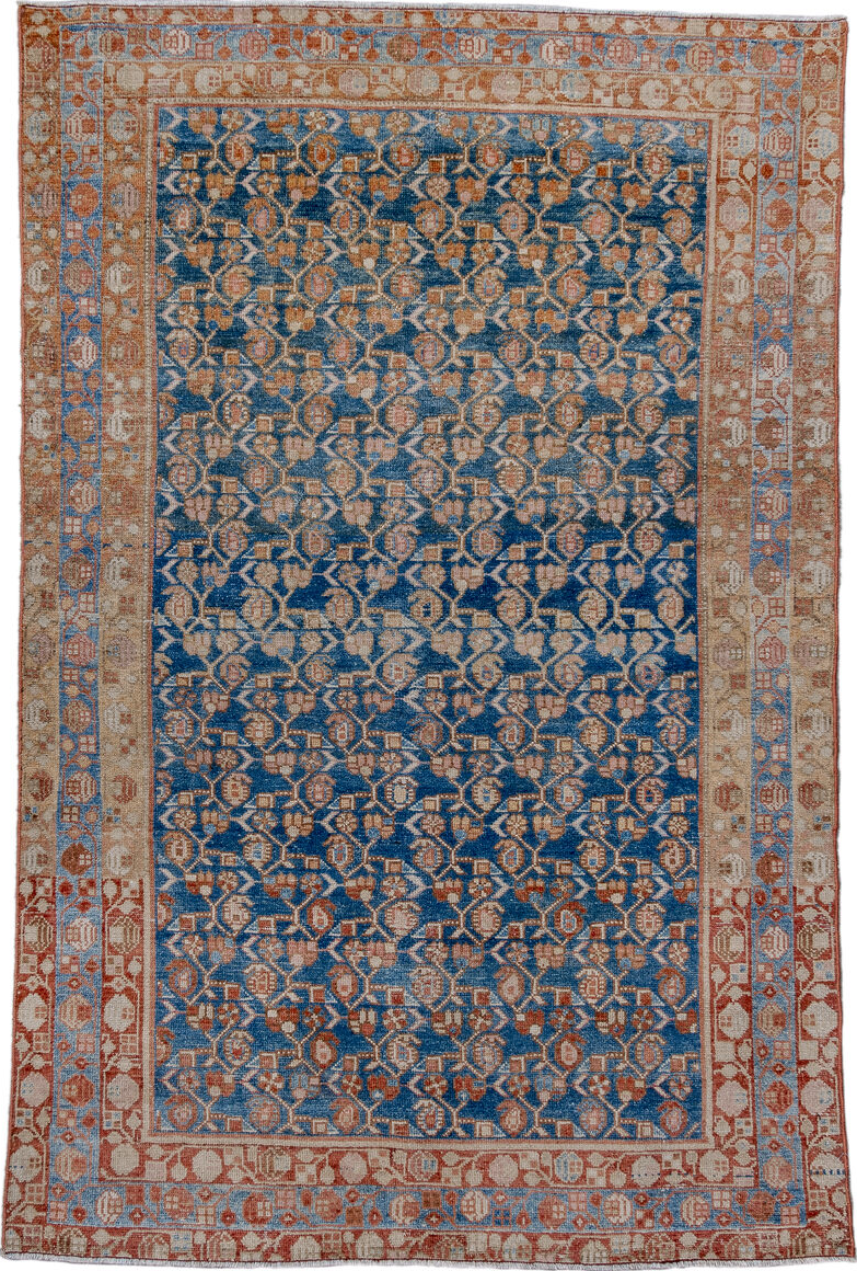 4' x 6' one-of-a-kind handmade vintage Malayer small size rug. Color palette: gray, blue, brown, light gray, black, pink