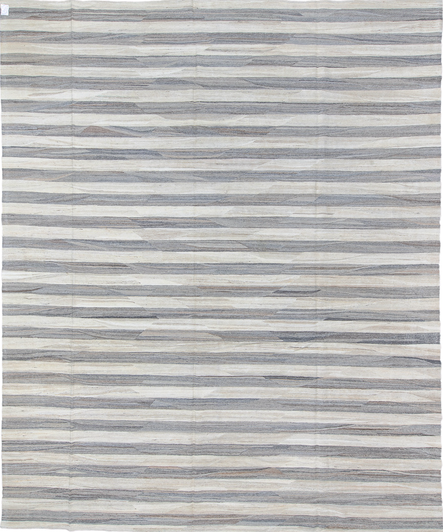 12' x 15' one-of-a-kind handmade vintage Kilim oversize rug. Color palette: dark gray, gainsboro, gray, light blue