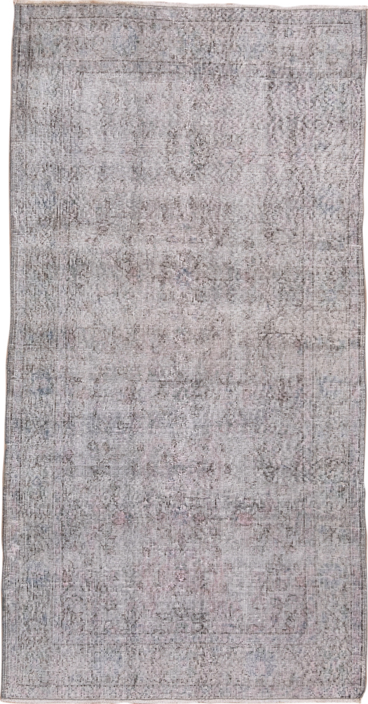 3' x 6' one-of-a-kind handmade vintage Overdyed small size rug. Color palette: dark gray, dim gray, gainsboro, gray