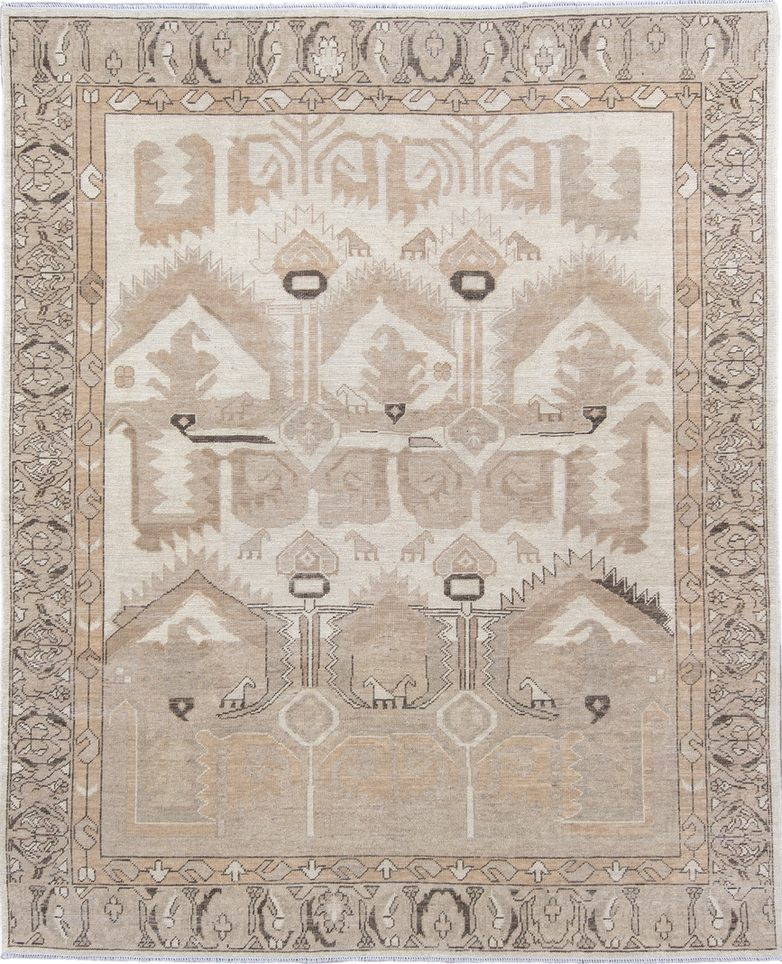 8' x 10' one-of-a-kind handmade vintage Kars large size rug. Color palette: gray, brown, light gray, off-white, pink