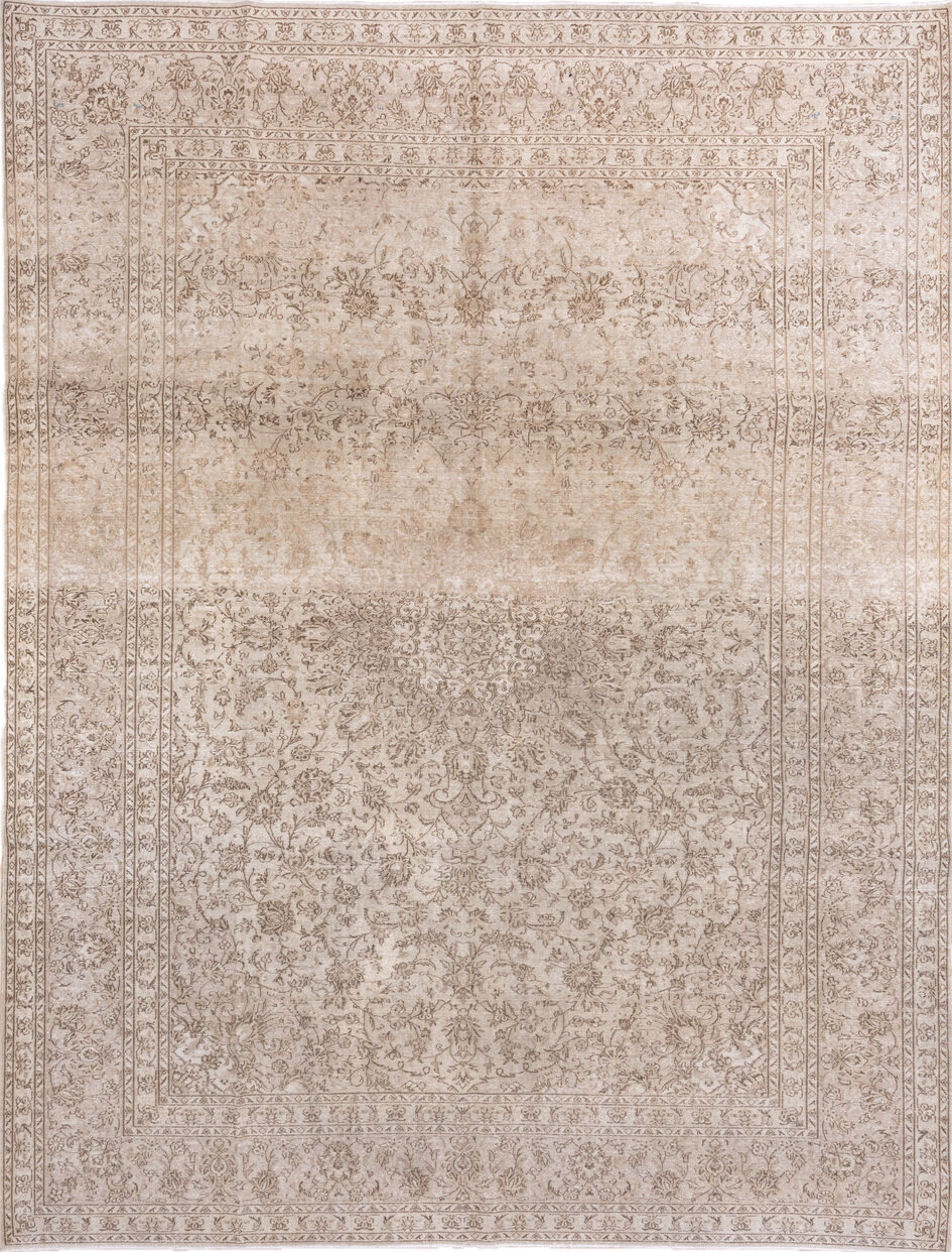 9' x 12' one-of-a-kind handmade vintage Tabriz large size rug. Color palette: brown, gray, light gray, off-white, pink