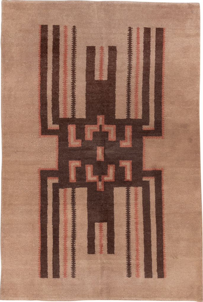 5' x 8' one-of-a-kind handmade vintage Art Deco medium size rug. Color palette: brown, gray, light gray, off-white, pink