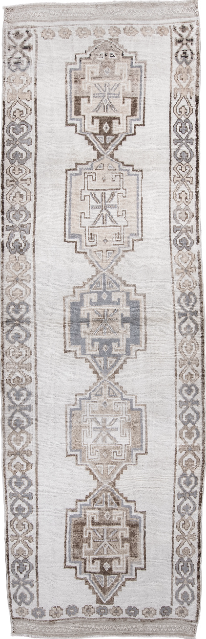 4' x 12' one-of-a-kind handmade vintage Kars runner rug. Color palette: dark gray, dim gray, gainsboro, gray, light gray